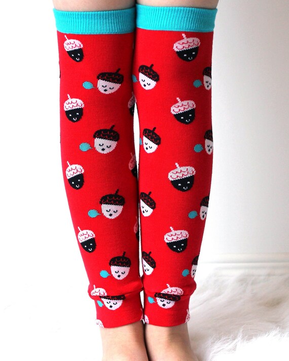 Leg Warmers Acorns Red and Blue by RebelandHeart on Etsy