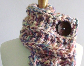 Pink, Blue, Green and Yellow Chunky Knit Cowl Scarf with Large Brown Button - 1 Available