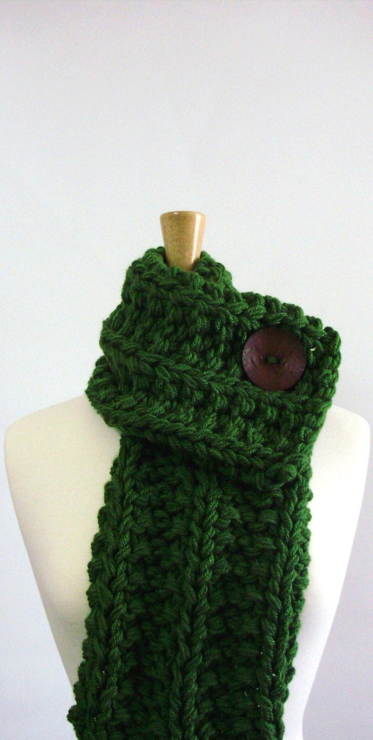 RESERVED - Kelly Green Chunky Knit Cowl Scarf with Large Brown Button