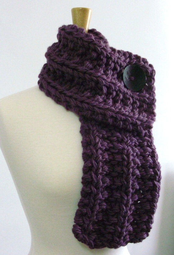 Dusty Purple Chunky Knit Cowl Scarf with Large Black Button