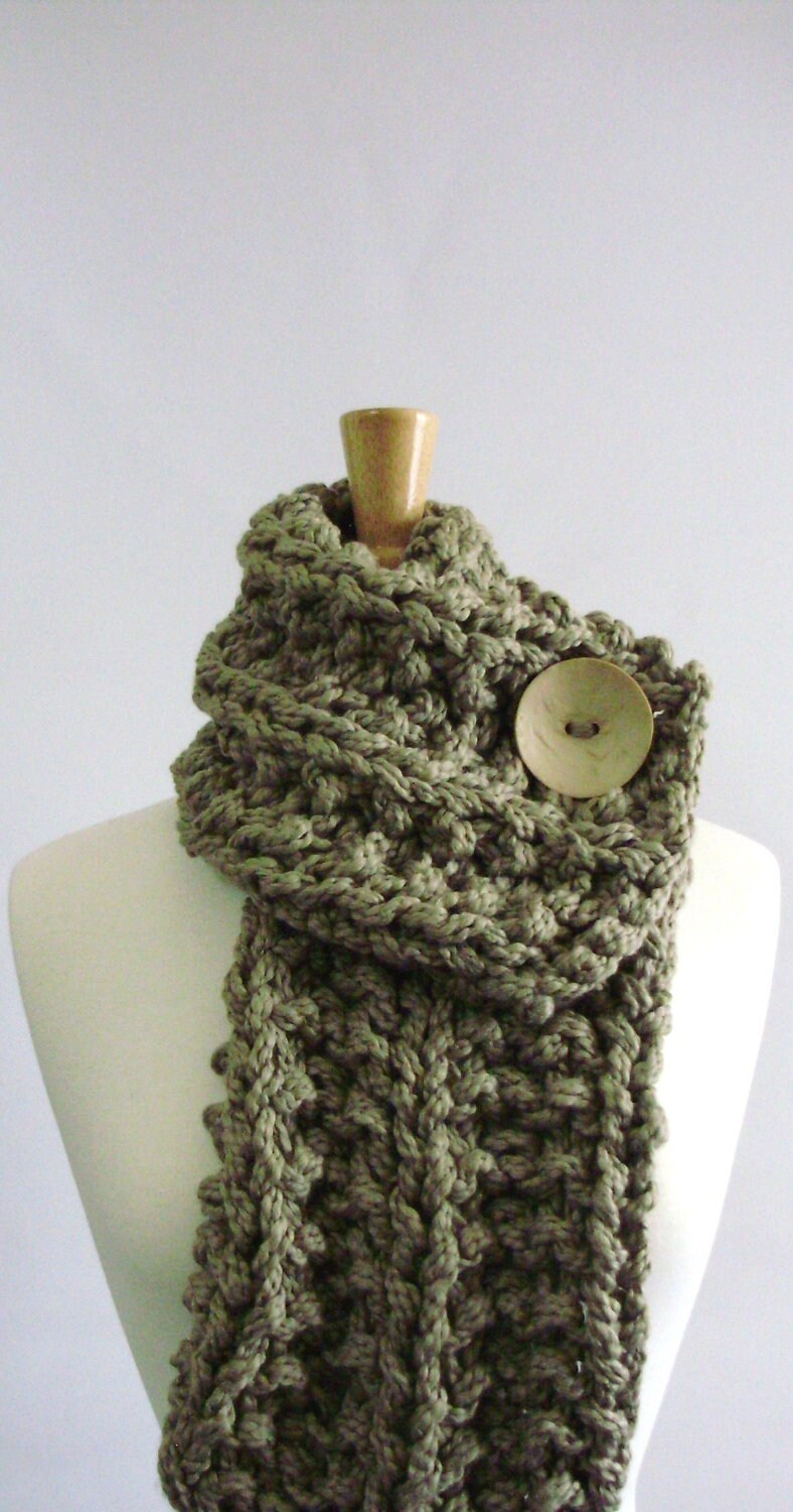 Khaki Brown Chunky Knit Cowl with Large White Button - 100% Organic Cotton