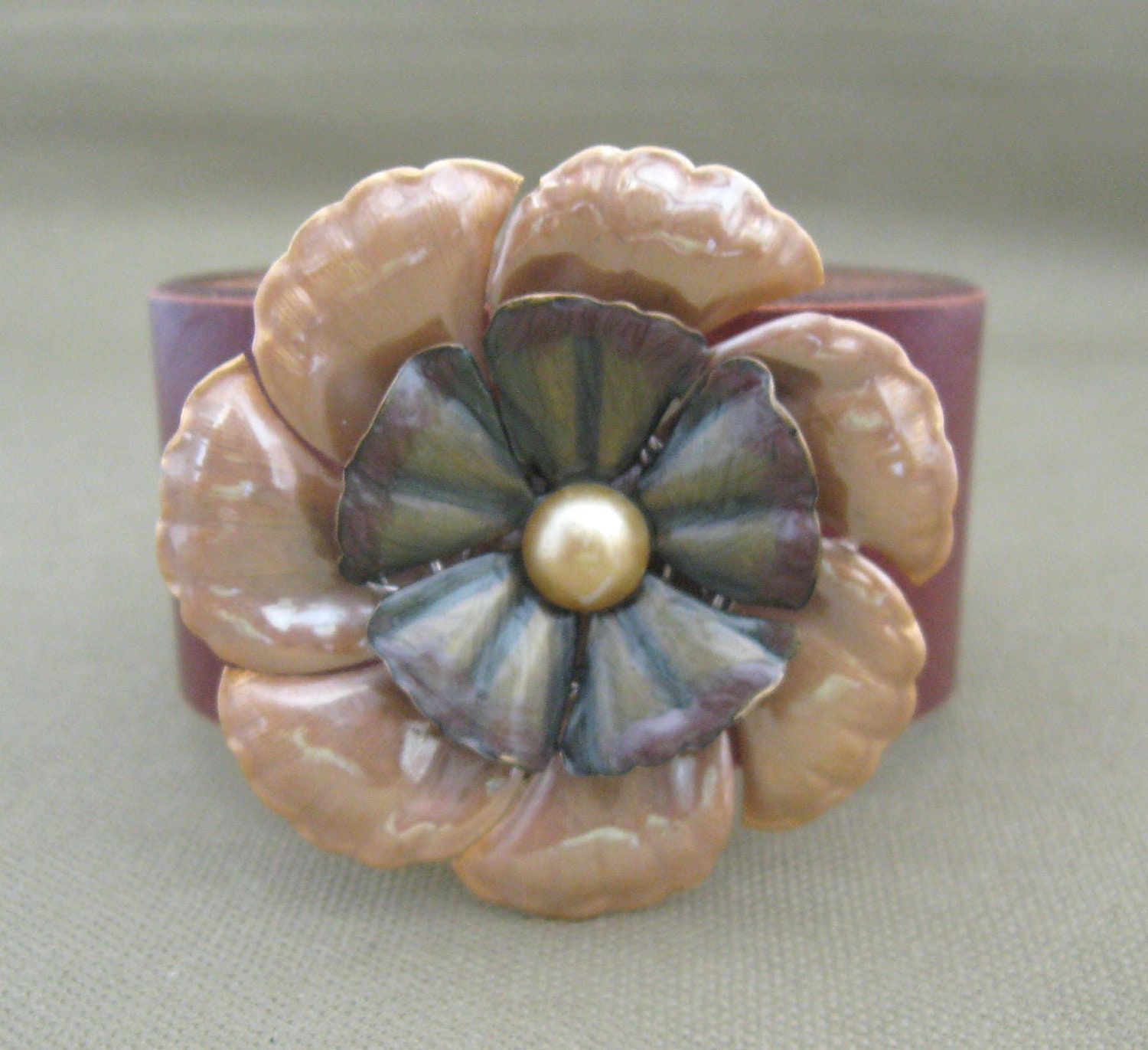 Red Leather Enameled Flower Cuff Bracelet
