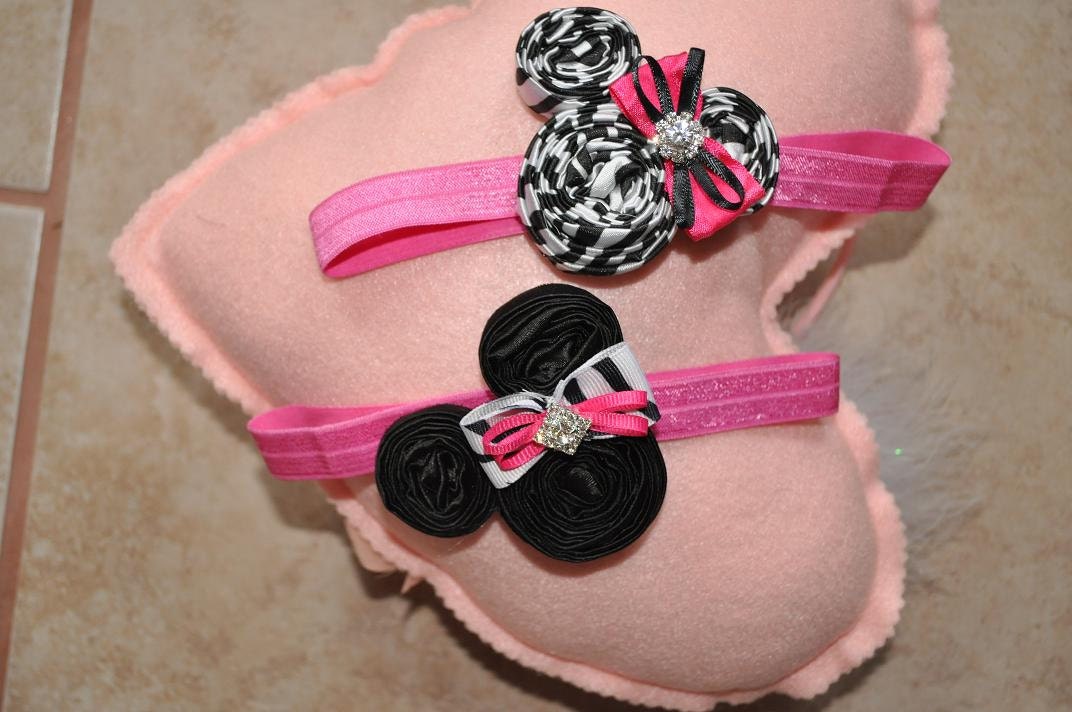 Minnie Mouse zebra and pink couture vintage inspired fabric rosette headband flower headband