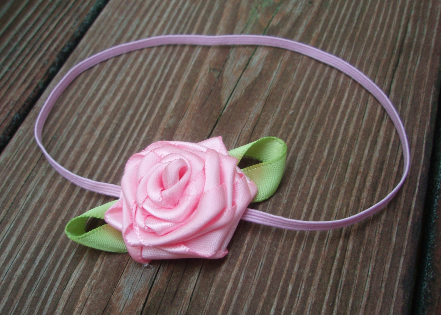Girl's Pink Rosette Headband - Light Pink Rolled Ribbon Flower with Green Leaf Accent