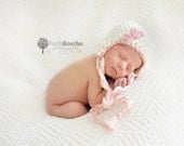 Crochet Baby Girl Hat with Ear Flap - Cream Valentine's Day Baby Hat with Light Pink Hearts and Twisted Ties