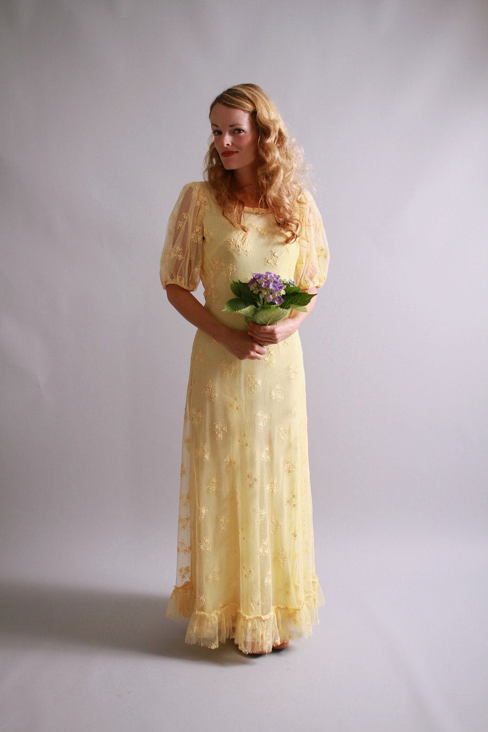 1930s dress and slip  // 30s yellow sheer mesh garden party wedding dress // Spring Gathering