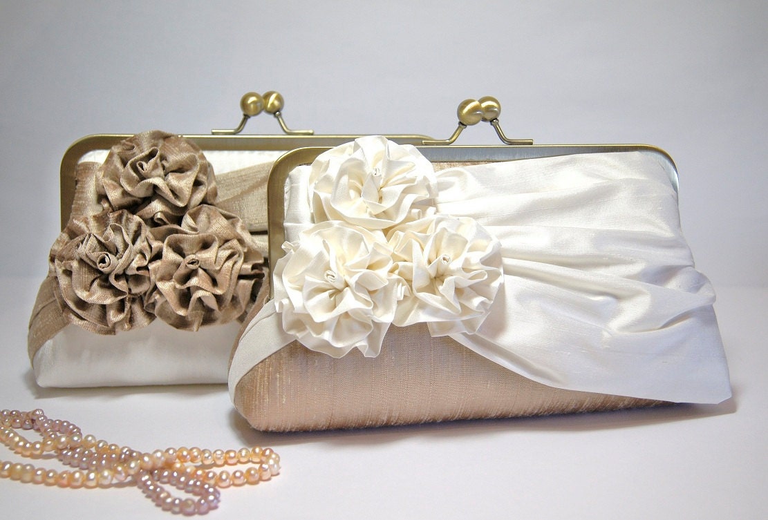 EllenVintage Three Roses Silk Clutch in Tan and Ivory , Wedding clutch, Wedding purse, Bridesmaid clutch, Wedding bag, Bridal clutch