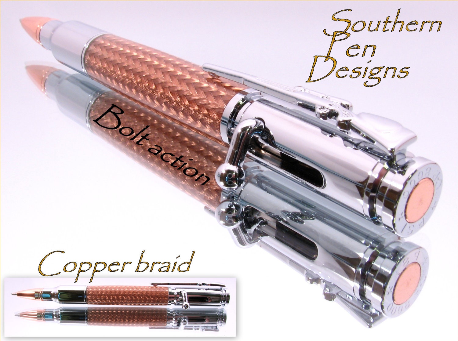 bullet pen. Chrome  plated, 30 cal bullet pen with copper braid. Bolt action ink advance. perfect gift.