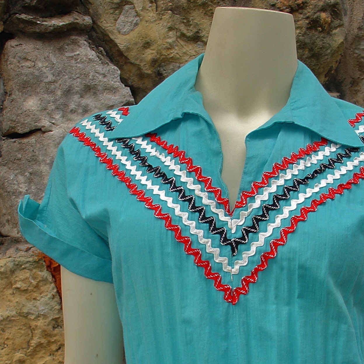 Turquoise 1950s rick rack patio or squaw dress Full Skirt tiered Vintage Arizona Fashion Rockabilly