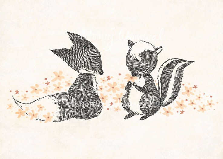 Happy Fox & Skunk - Print - whimsywhimsical