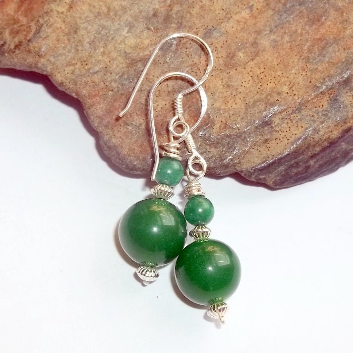 Green Jade Gemstone Earrings Sterling Silver Energy Dangle Drop earthegy