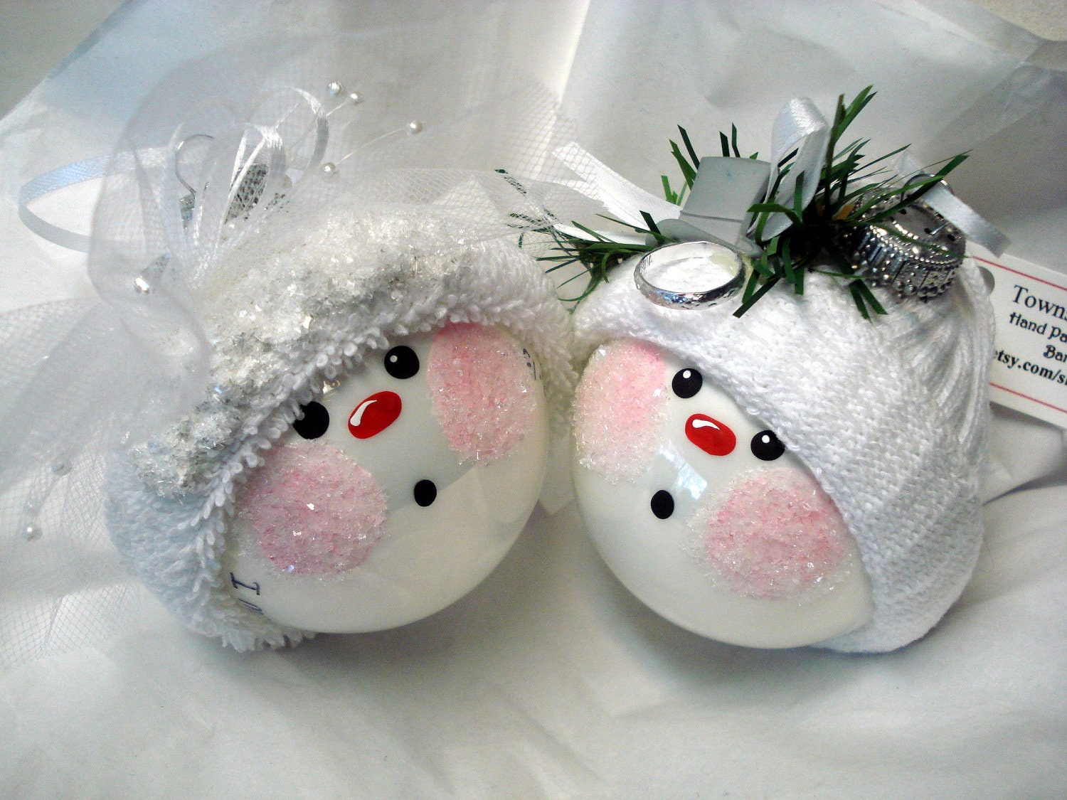 Wedding Ornament Bride and Groom Christmas Tree Bulbs Hand Painted Glass Snowball Faces Personalized