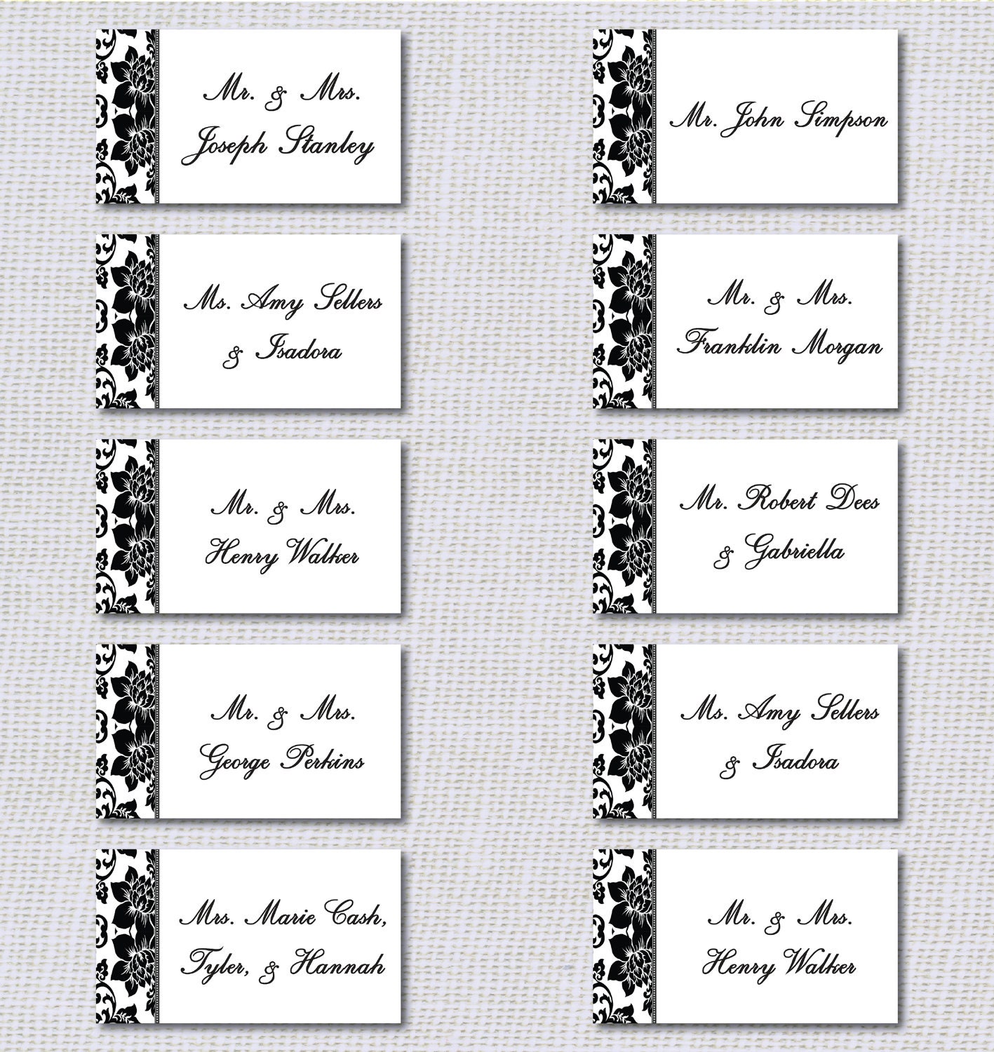Place Cards with Damask Border - Set of 10 Folded Personalized Escort Cards