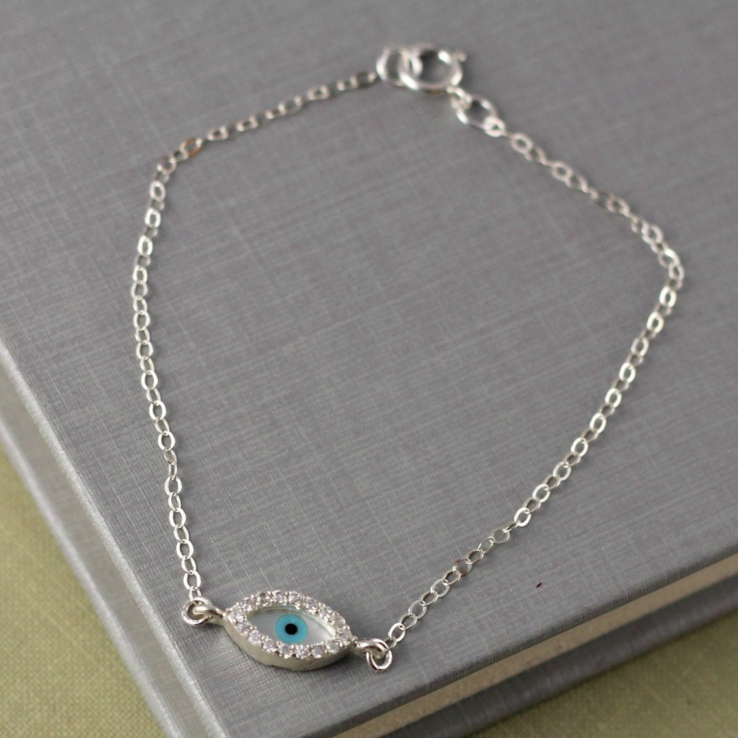 Evil Eye Bracelet, Lucky charm Bracelet, Sterling Silver Evil Eye, Cubic Zirconia Crystal, Birthday Gift, Mother Gift, Celebrity Bracelet
