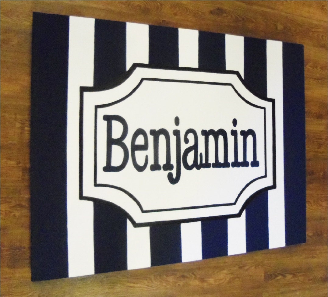 personalized custom canvas to match your child's decor- striped nursery art- boy-navy blue initial or name