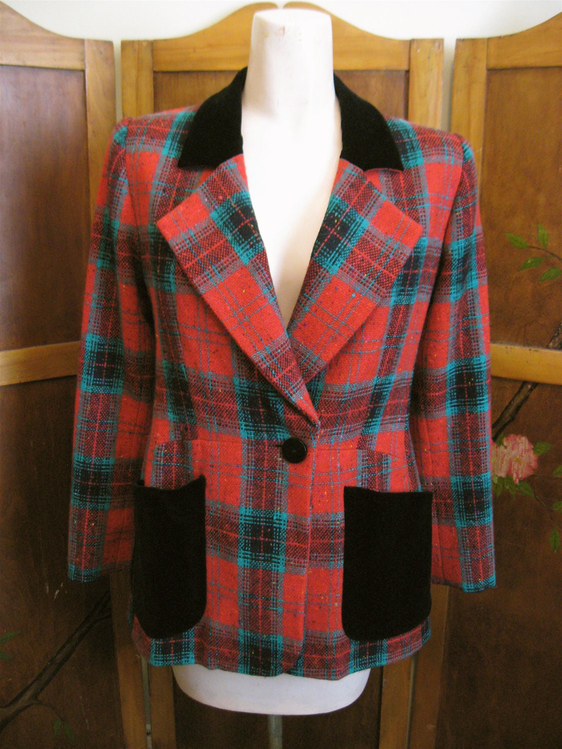 Vintage 1970s YSL Yves Saint Laurent Rive Gauche Woman's Wool & Velvet Plaid Jacket sz 42 10 12
