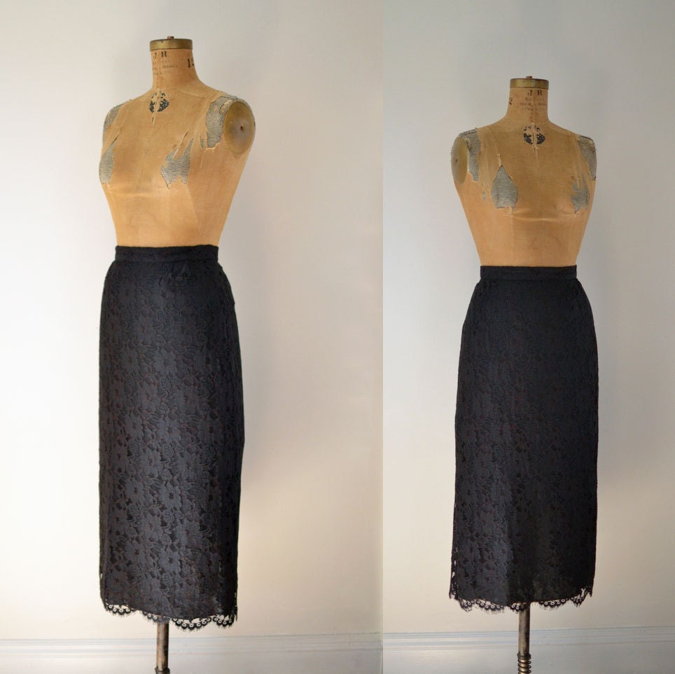 1970s Black Lace Skirt / 70s Pencil Skirt