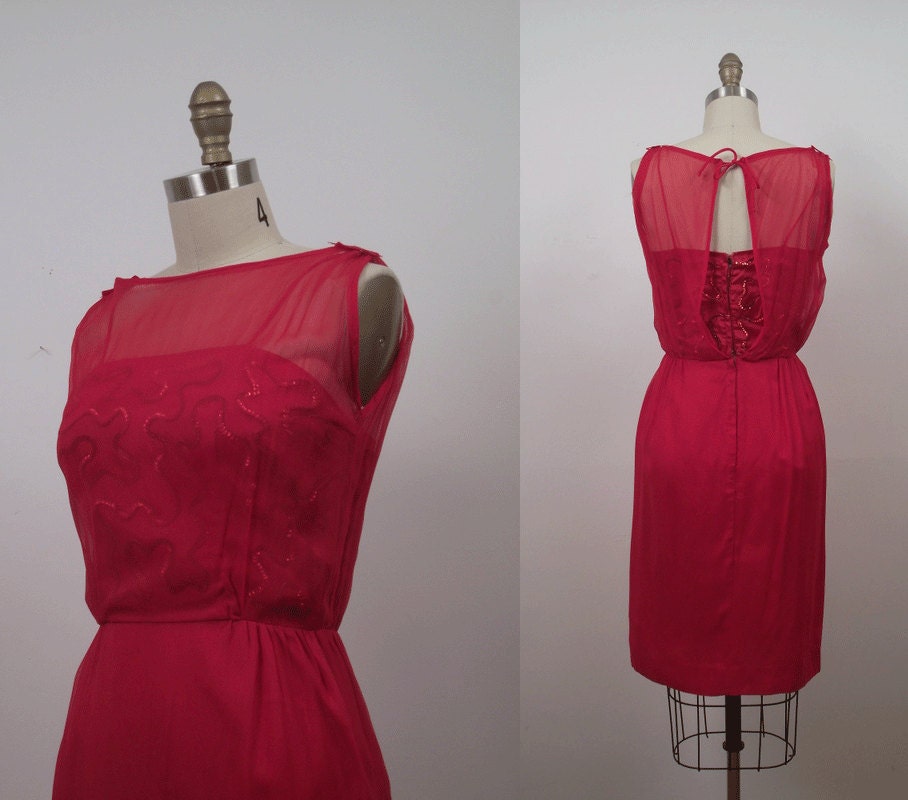 1960s Chiffon Cocktail Dress / 60s Red Sequin Wiggle Dress
