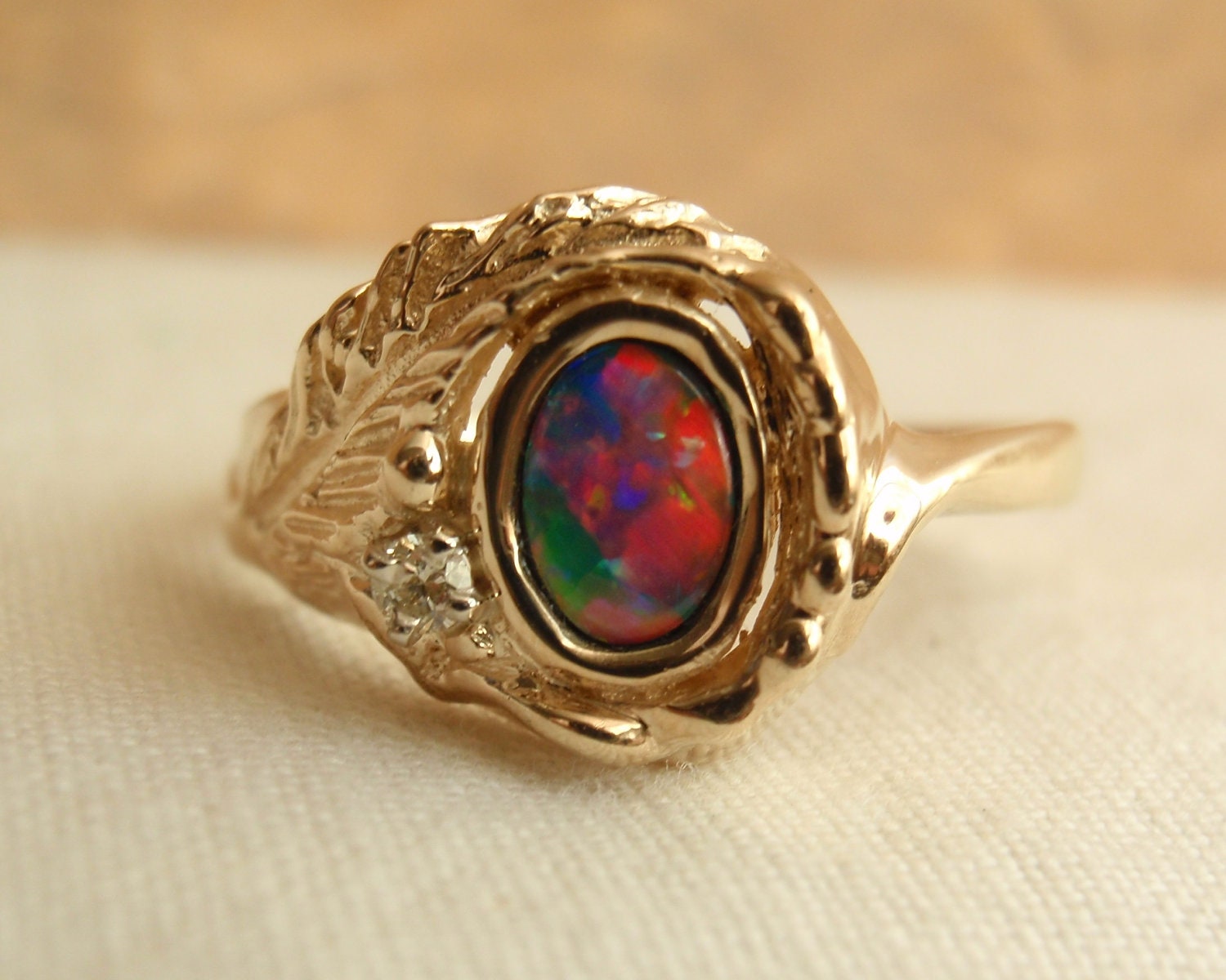 14k Yellow Gold Ring Fiery Boulder Opal Diamond Accent