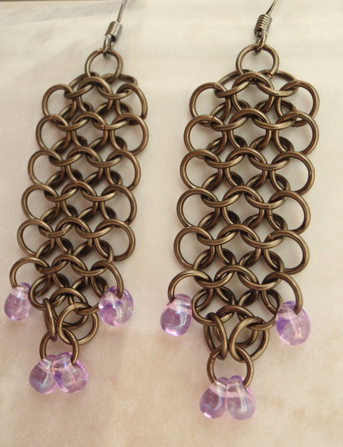 Chain Maille Earrings Euro 4 in 1 Dangle Gunmetal Purple Beads