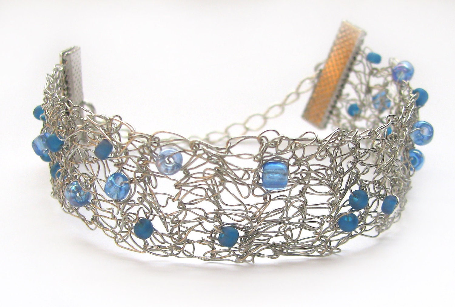 Floating Clouds - crocheted bracelet, copper wire, glass beads, extension chain