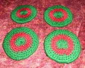 4 OOAK Yarn Coiled Coasters Colorful Home bar mug cup beer Decor In Green and Red christmas