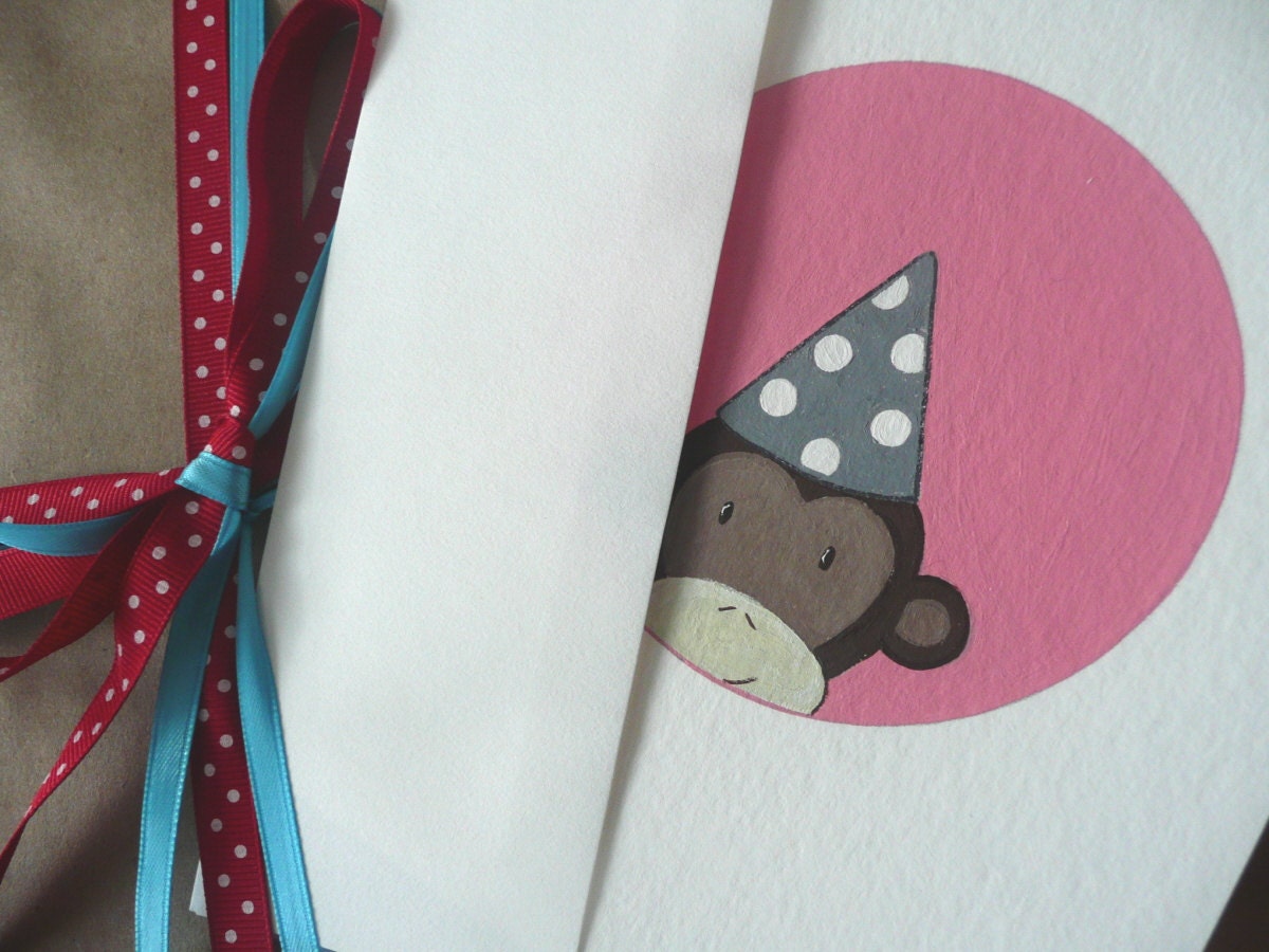 peekaboo HAPPY BIRTHDAY bamboo hand painted 5x7 greeting card : monkey in grey & white polka dot party hat on pink - kids birthday card