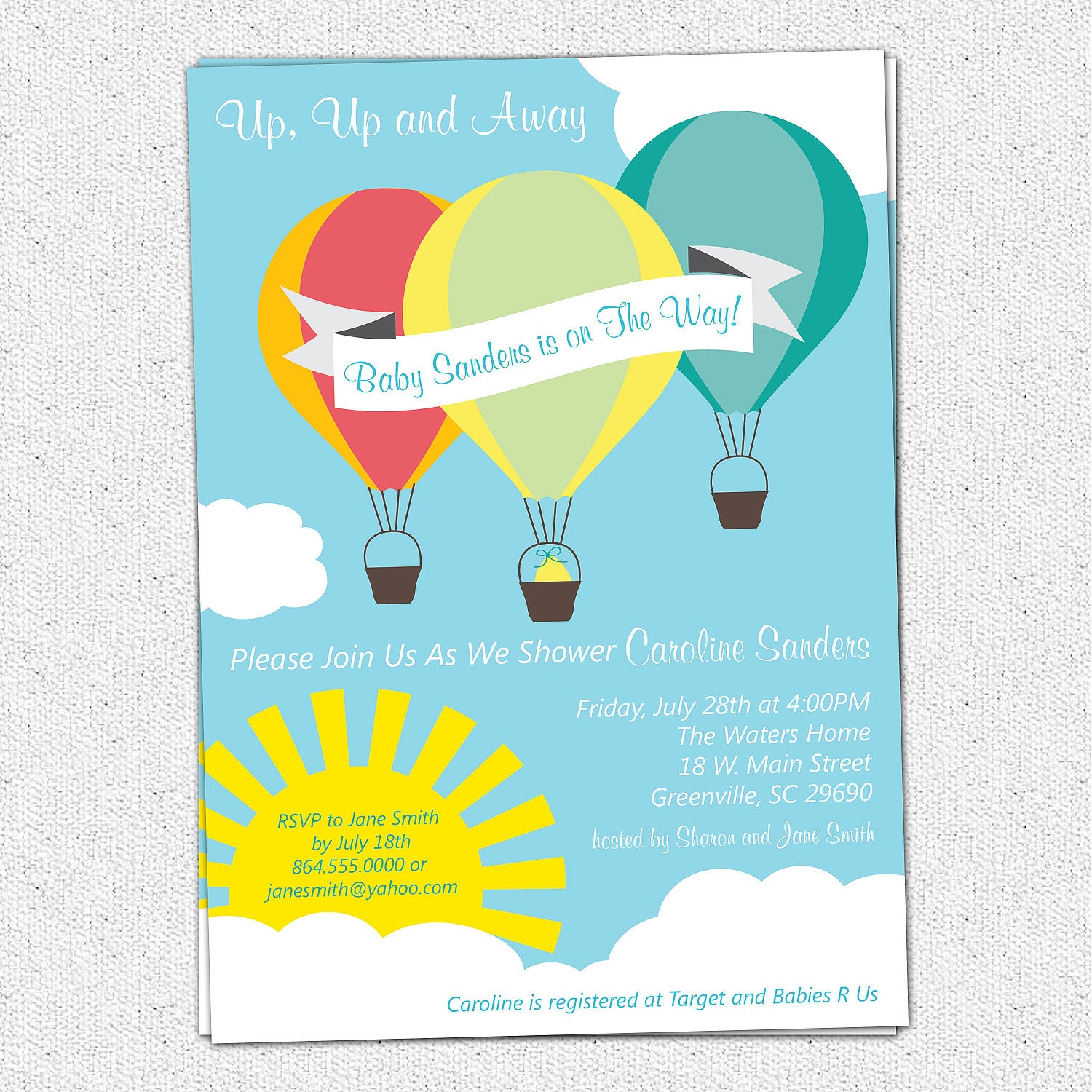 Hot Air Balloon Sunshine Baby Shower Invitation, Printable, Boy or Girl Gender Neutral, Up Up and AwayDIY Digital File