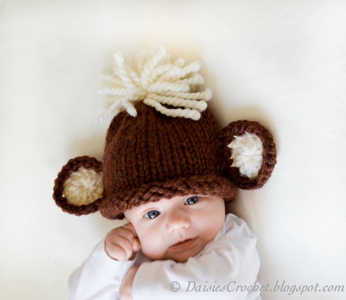 Ready to ship Monkey baby beanie hat in chocolate brown cream. Newborn Wool kids hat Gift under 20 25 30