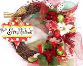 Personalized Christmas wreath deco mesh ribbon whimsical Holiday red lime green door decoration