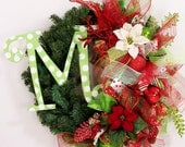 Christmas wreath initial monogram letter mesh ribbon evergreen whimsical Holiday polka dot red lime green door decor decoration hanging