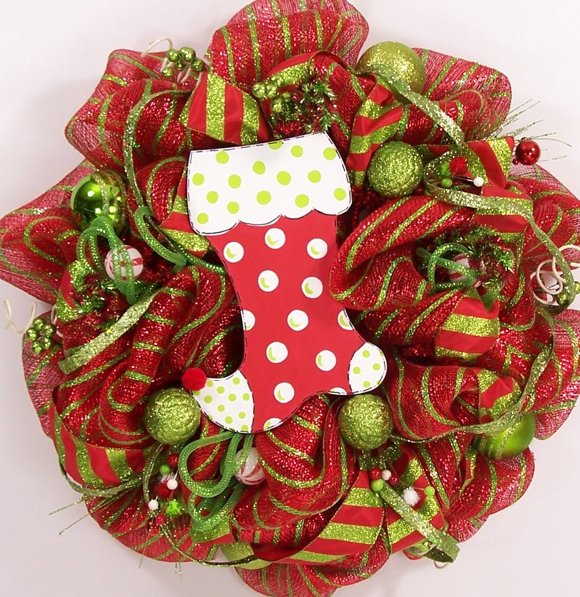 Christmas wreath deco mesh stocking whimsical Holiday polka dot red lime green door decor decoration hanging