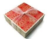 Red & White Doily Handmade Tile Coasters, Set of 4 Drink Coaster Lace Beverage Coaster