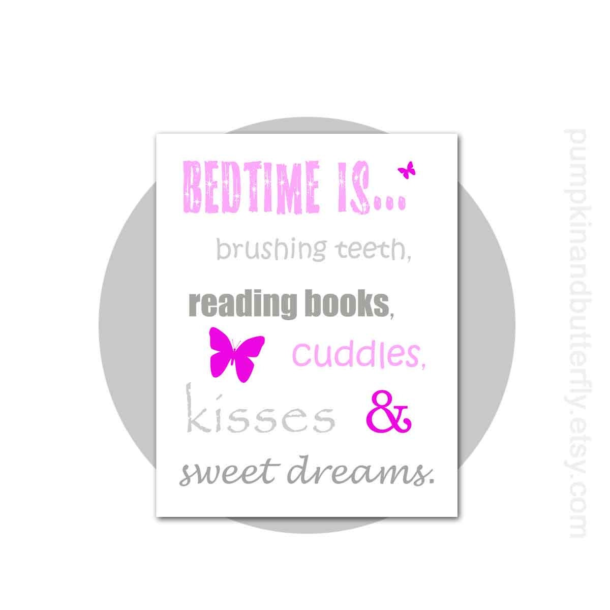 Kids Wall Art - Children's Art Print Poster, Kids Bedroom Art, 8x10 Print, Pink, Purple, Butterfly, Flower, Sweet Dreams, Bedtime Print