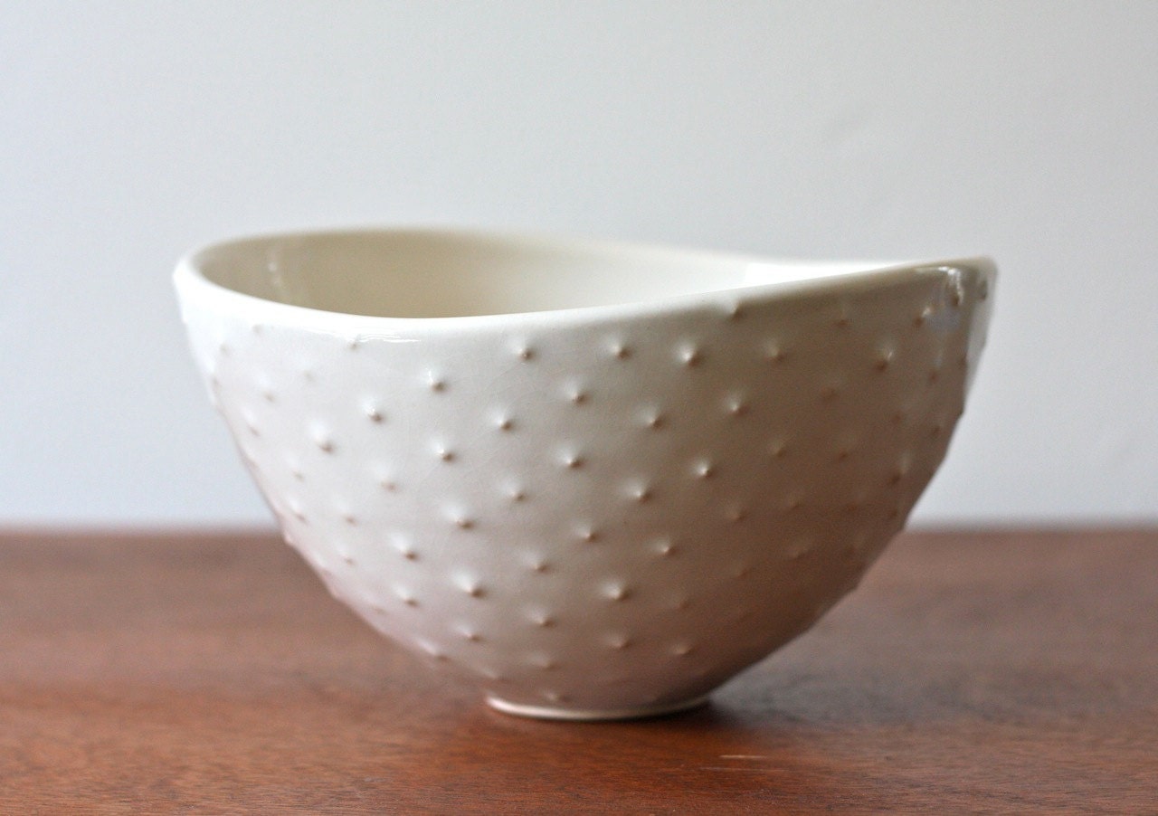 Pottery Serving Bowl - White Polka Dot Bowl - Ceramic Fruit Bowl