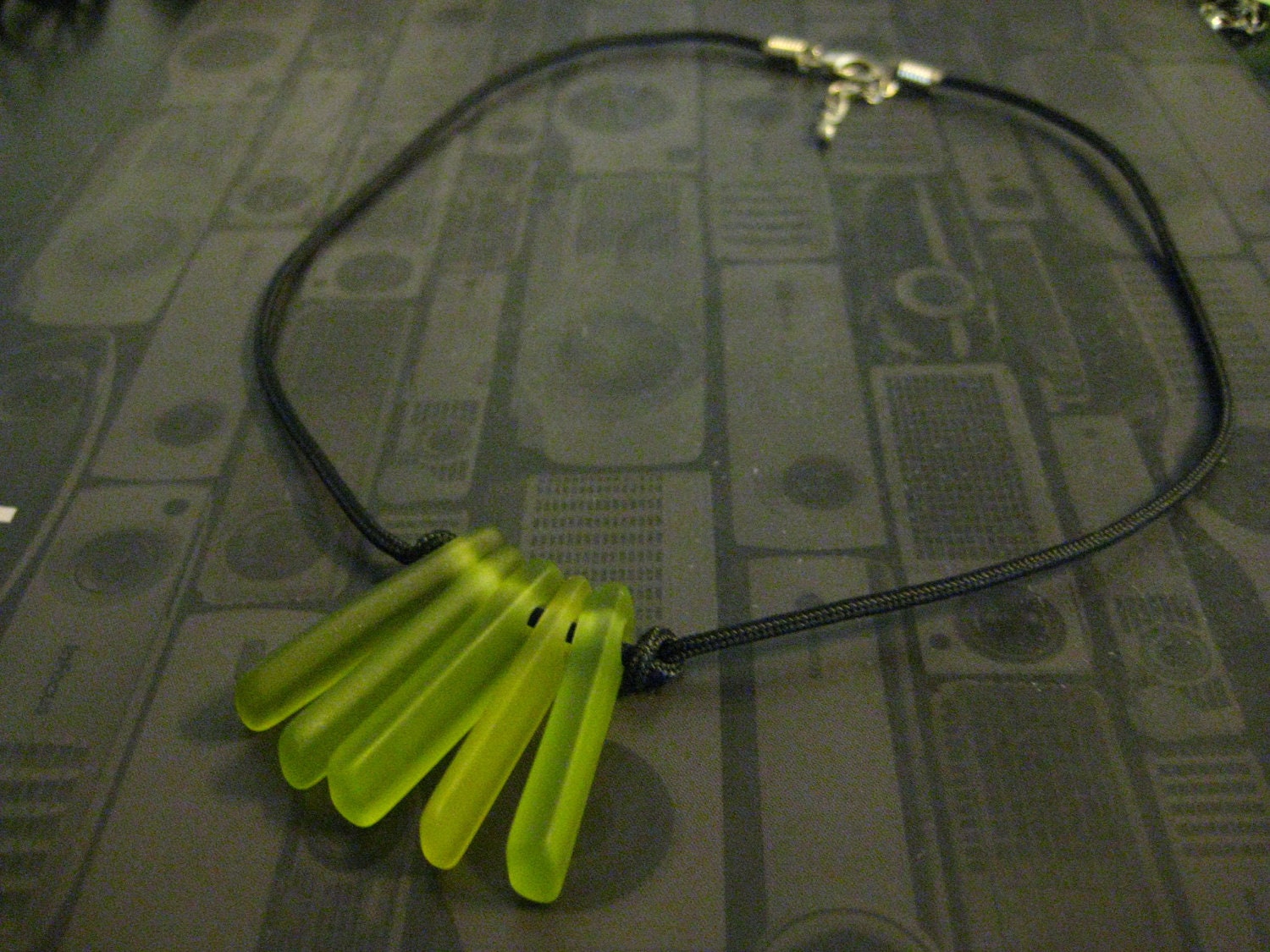 SEA KEYS - Recycled Upcycled Bottle Glass Pendant Necklace - Spring Green Glass Domino on Black Cord with Extension Chain - Unisex Mens OOAK