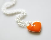 Orange Heart Necklace - Pumpkin Orange Silver Plated Heart Shaped Drop on Silver Plated Chain