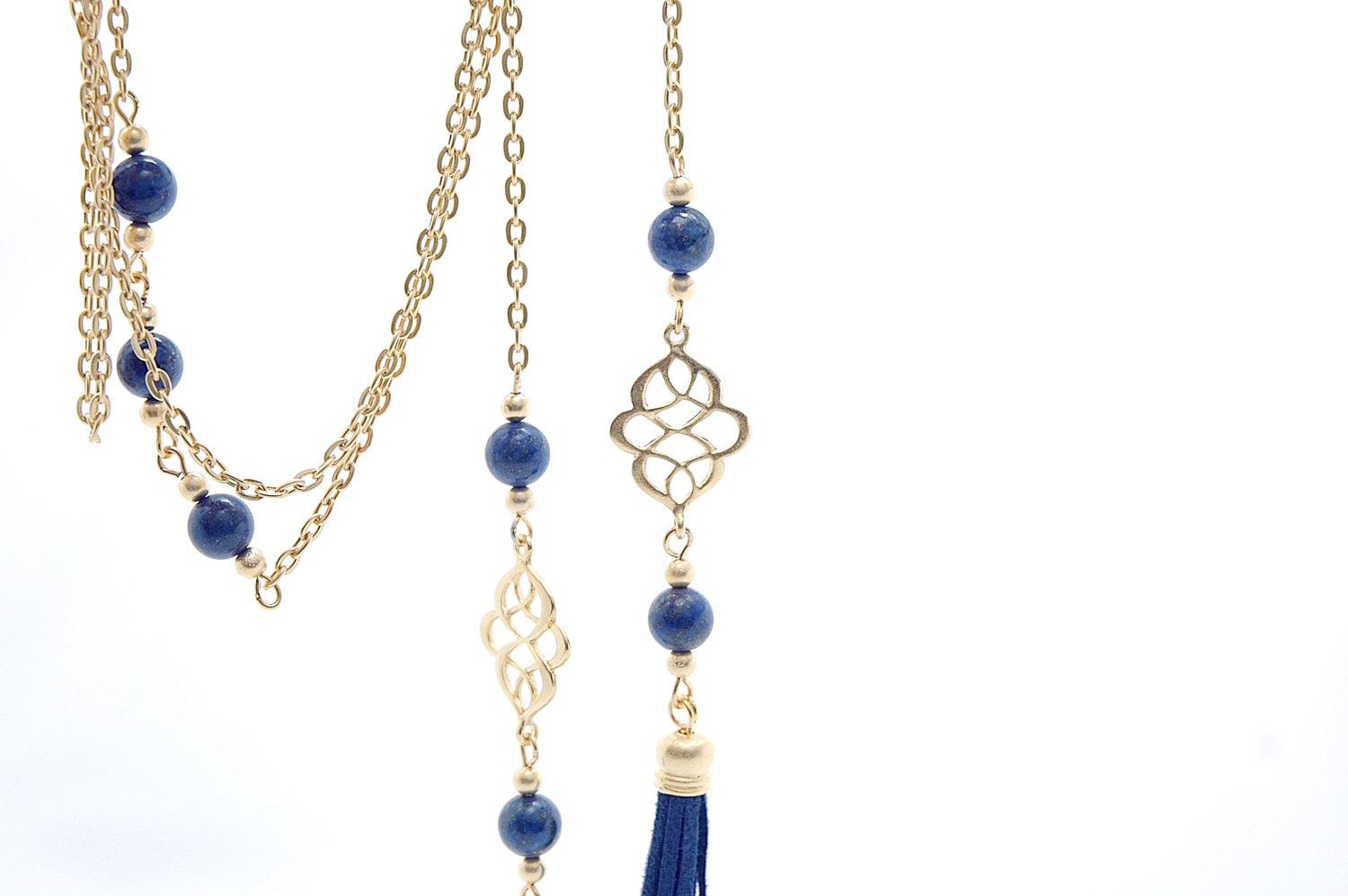Matte Gold Plated Oriental Infinity Charm Lariat Necklace with Navy blue Lapis Lazuli Stones and Suede Leather Tassel