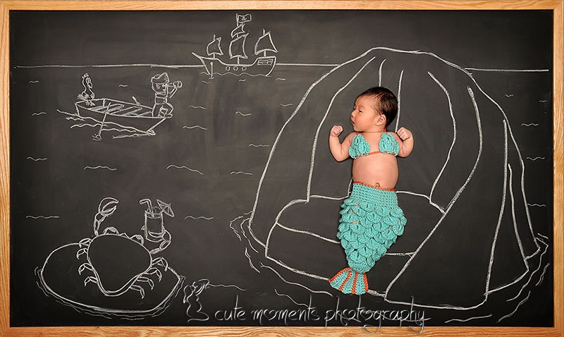 Newborn Crochet Mermaid Tail and Shell Top - Aqua With a Coral Accent - Made to Order - Photography Prop