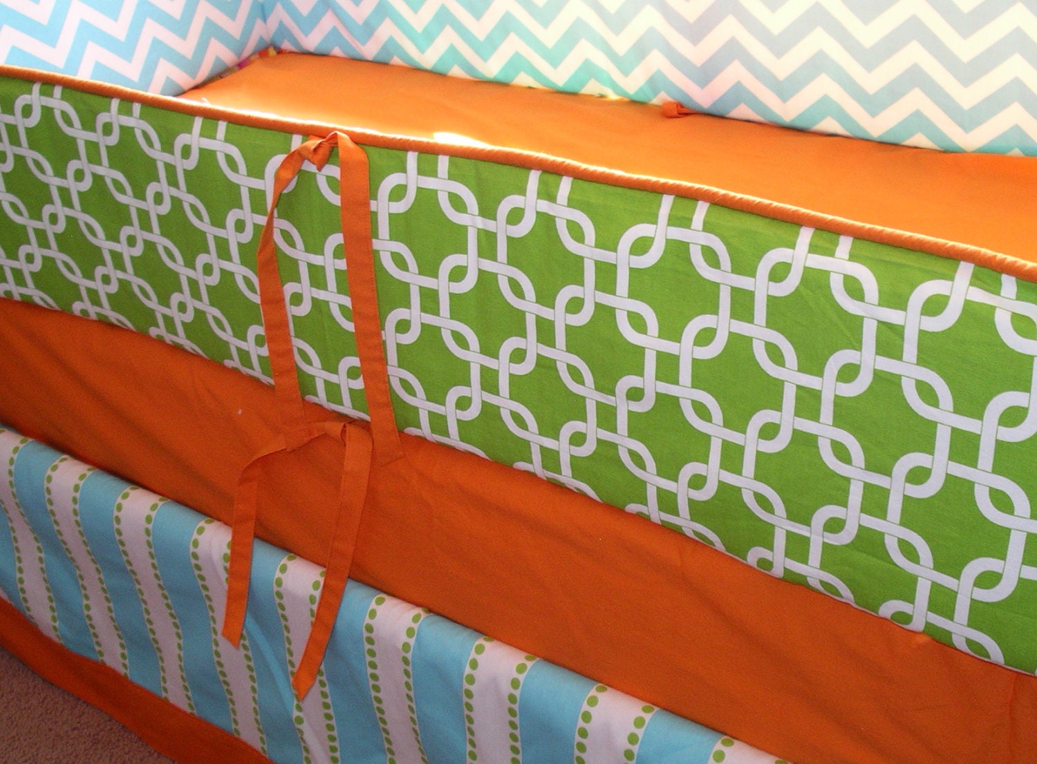 Custom 2 Piece Crib Bedding ( Bumpers/Straight Box Skirt w/ Accent)