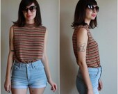 SUMMER SALE 30% OFF Vintage 80s Silk Turtle Neck Tank Top  /  Woven Silky Earth Tone Striped Sleeveless Blouse  /  1980s  /  Large L