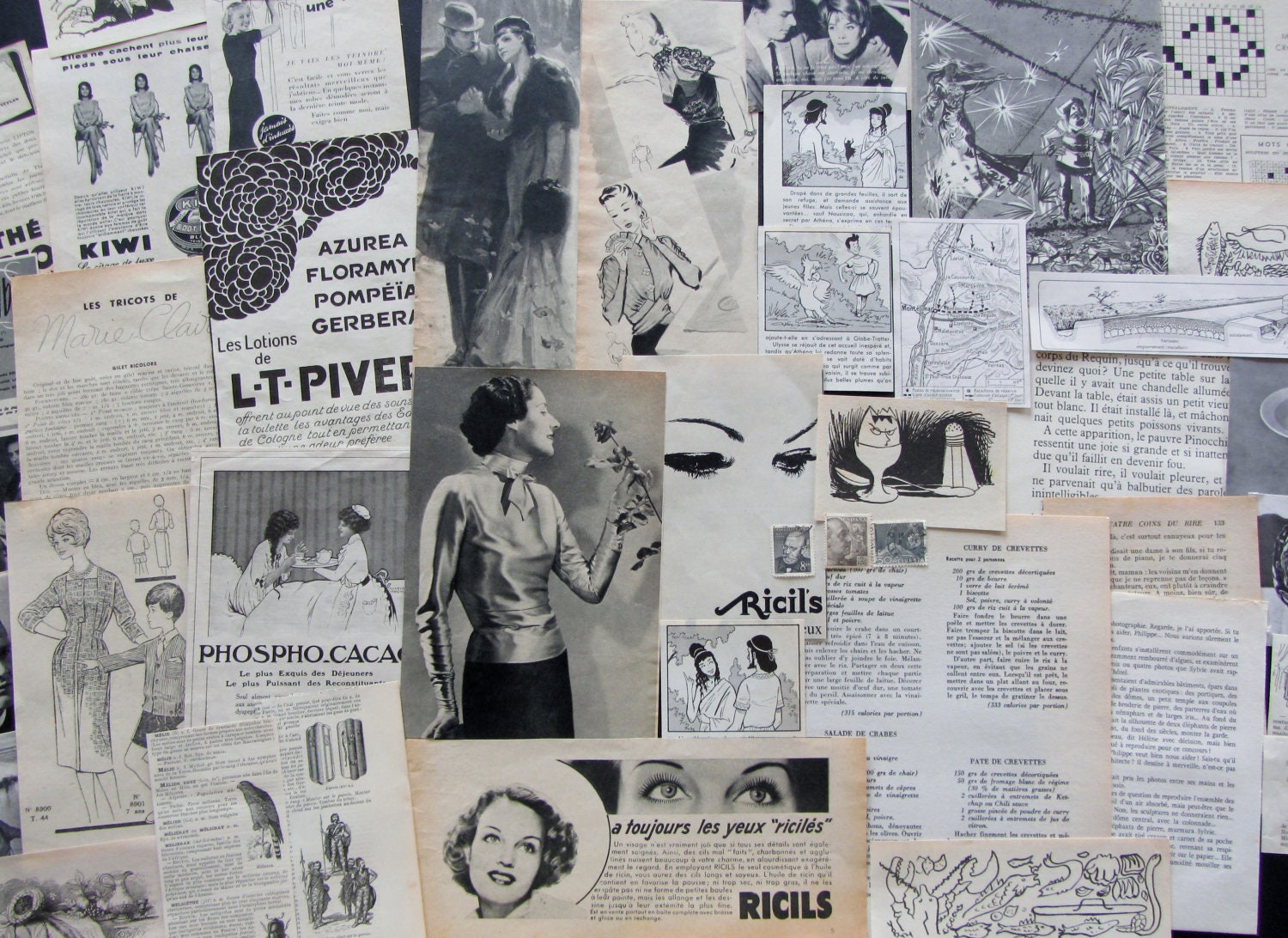 45 Black and White Paper pack  - 45 vintage paper ephemeras for collage, scrapbooking