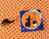 Vintage 1920 Halloween Bridge Card-witch bat black cat-unused