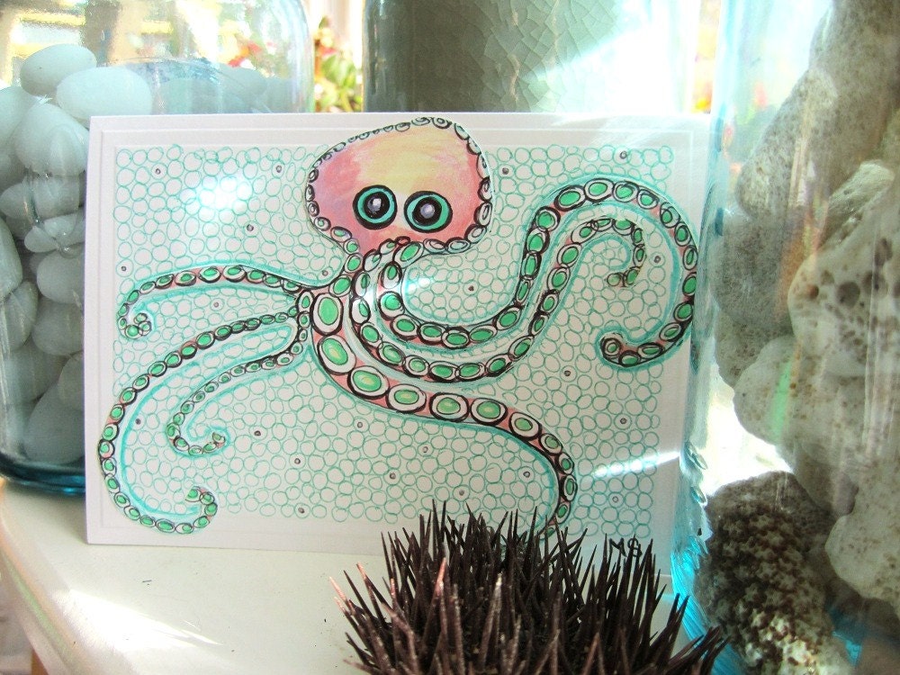 Pink and Mint Octopus - Pen and Ink Drawing- Ocean Card -Original hand drawn paper cut out card  "Worry Wart"