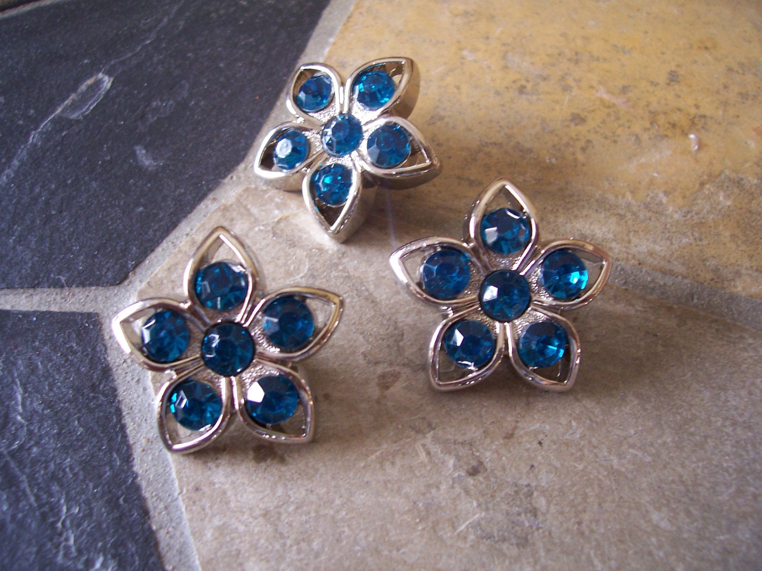 3 Dark Teal Flower Rhinestone Crystal Silver Buttons for Hair Flower Center Embellishments Clip Wedding Accessories(B1003)
