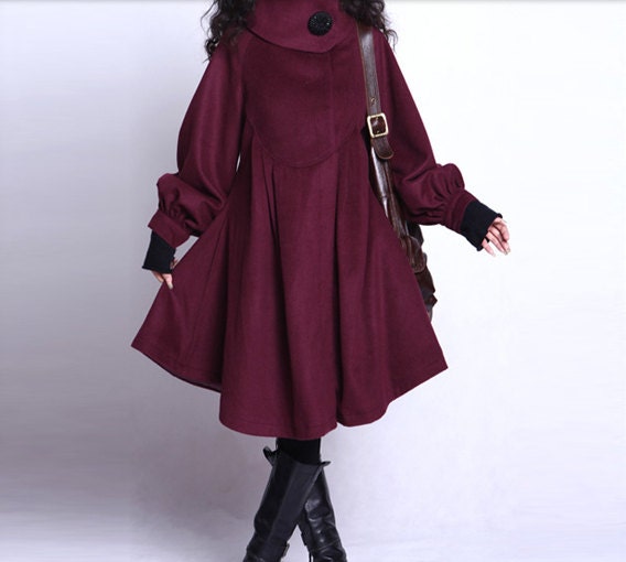 Big Sweep Wool Winter Coat Jacket for Women - Cusom Made - Claret