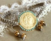 Friendship bracelet gold coin and  turquoise - hand braided.