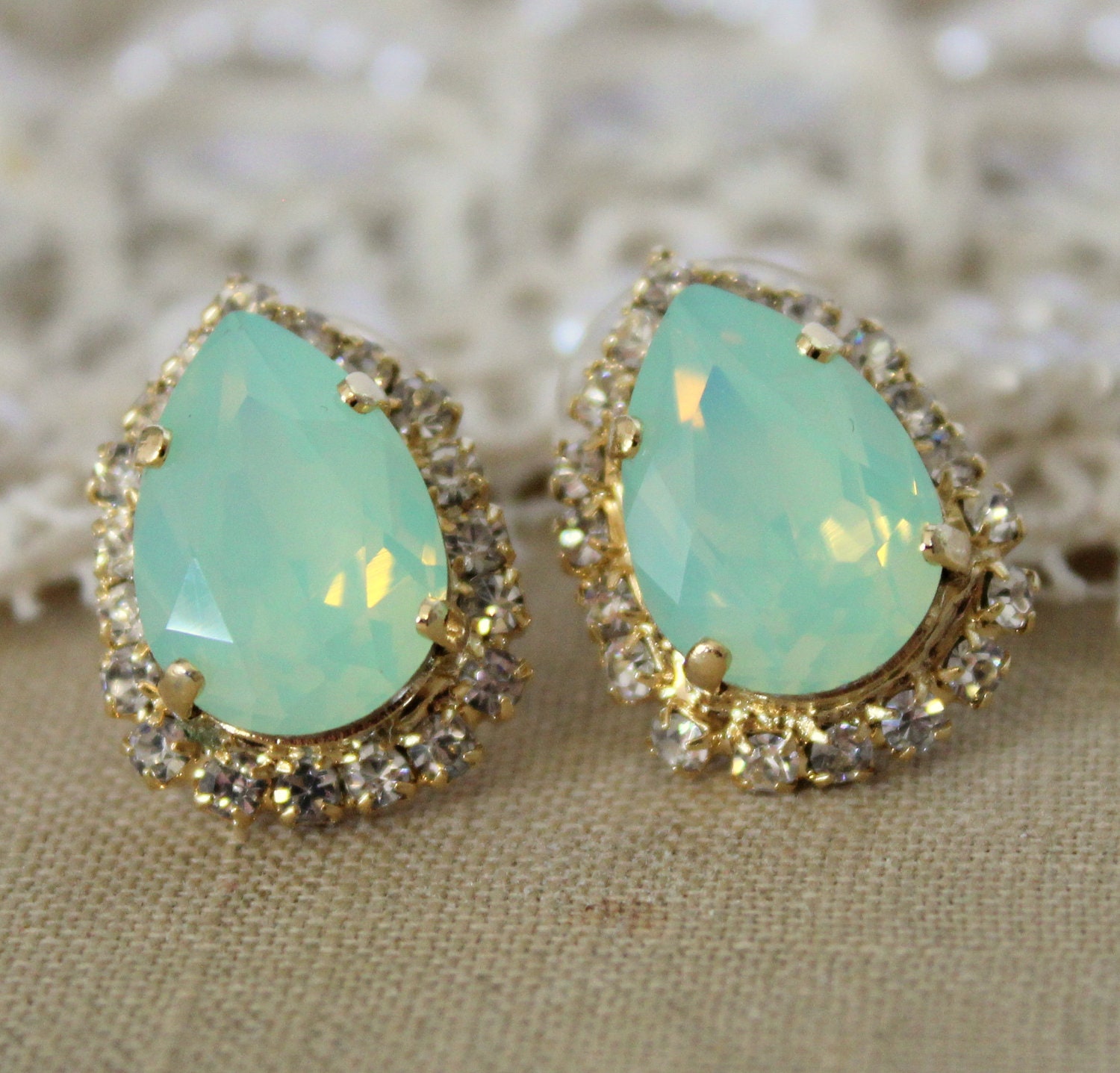 Mint Crystal big teardrop stud earring - 14k plated gold post earrings real swarovski rhinestones .