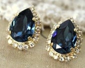 Blue denim Crystal big teardrop stud earring - 14k plated gold post earrings real swarovski rhinestones .