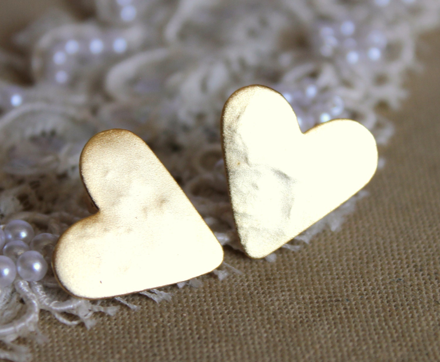 Gold stud heart earrings plated real gold - elegant 14k gold matte coated post earrings